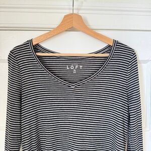 LOFT Black and Gray Striped Long Sleeve Tee